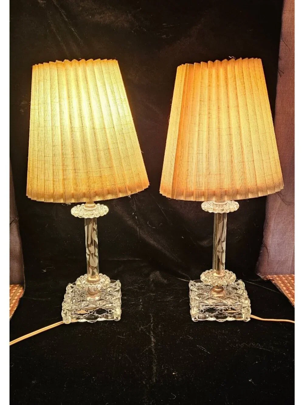 Vintage Pair Of Berwick Crystal Table Lamps With Etched Glass Columns & Candlewi